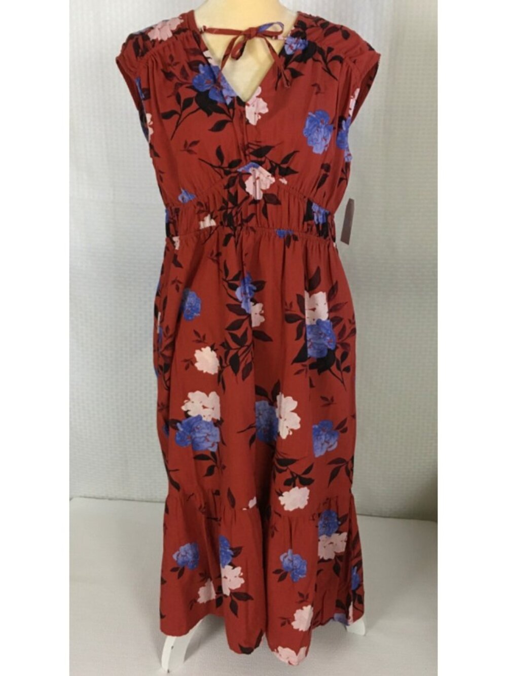 Time and Tru Spade Mini Dress Size M 8 10 Rusty Brown w Blue White Flowers New